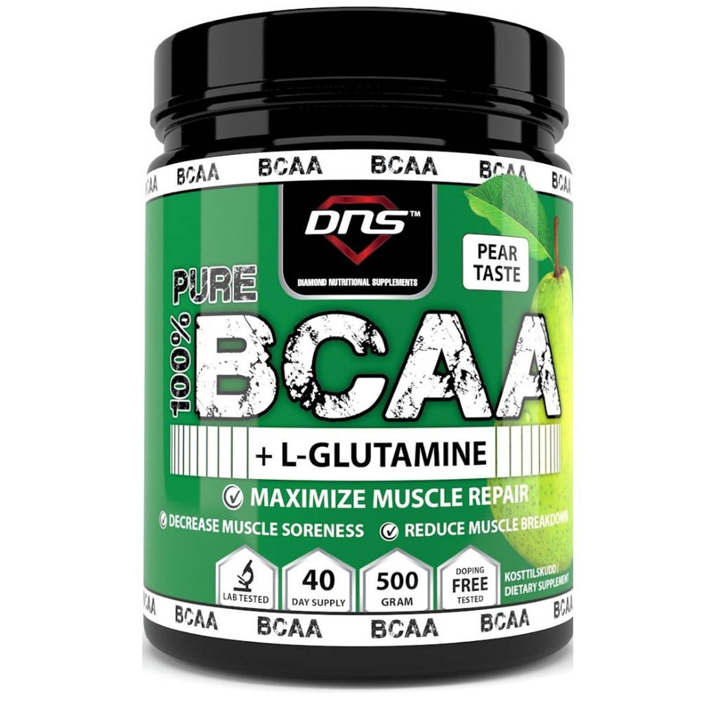 Bilde av en 500 grams boks med dns bcaa l-glutamine pear taste