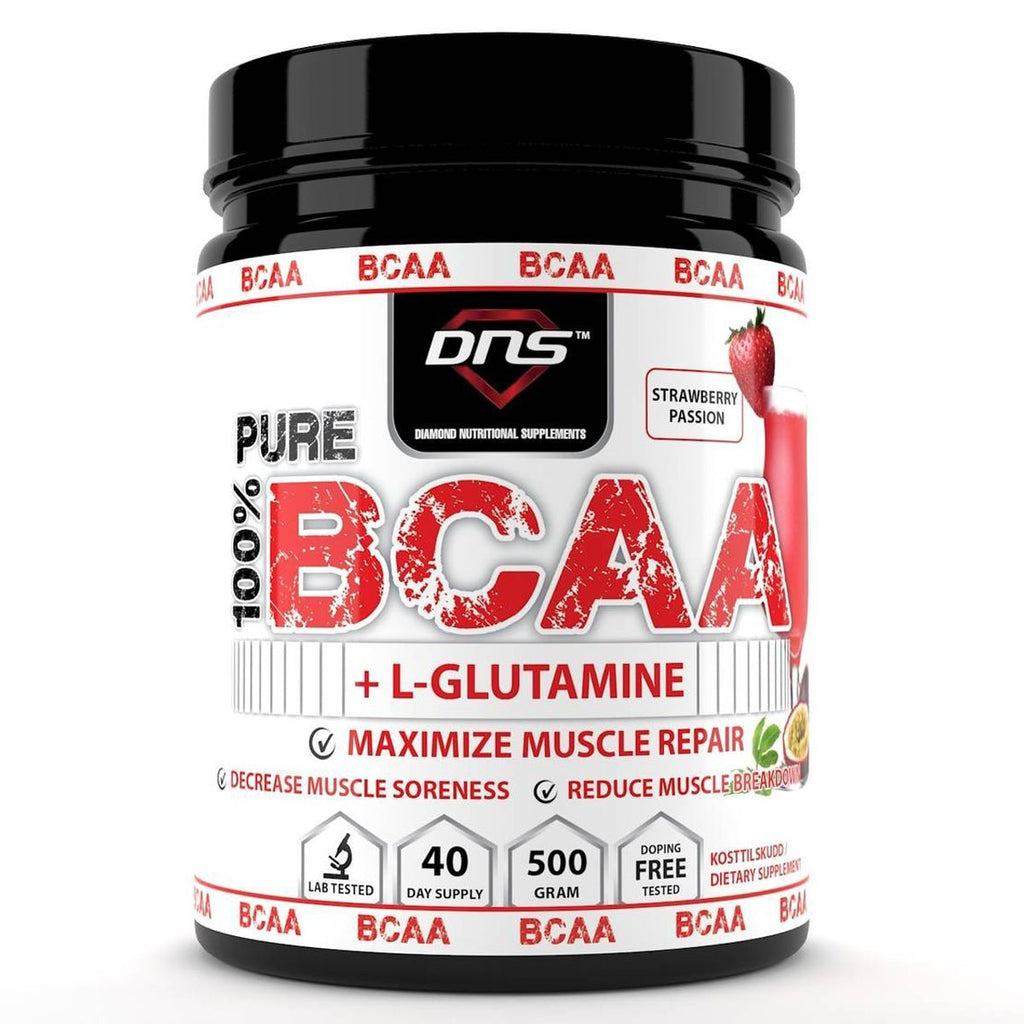 Bilde av en 500 grams boks med DNS BCAA L glutamine strawberry passion