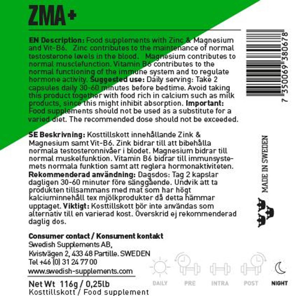 Swedish Supplements ZMA+ 120 kapsler-Highwhey.no